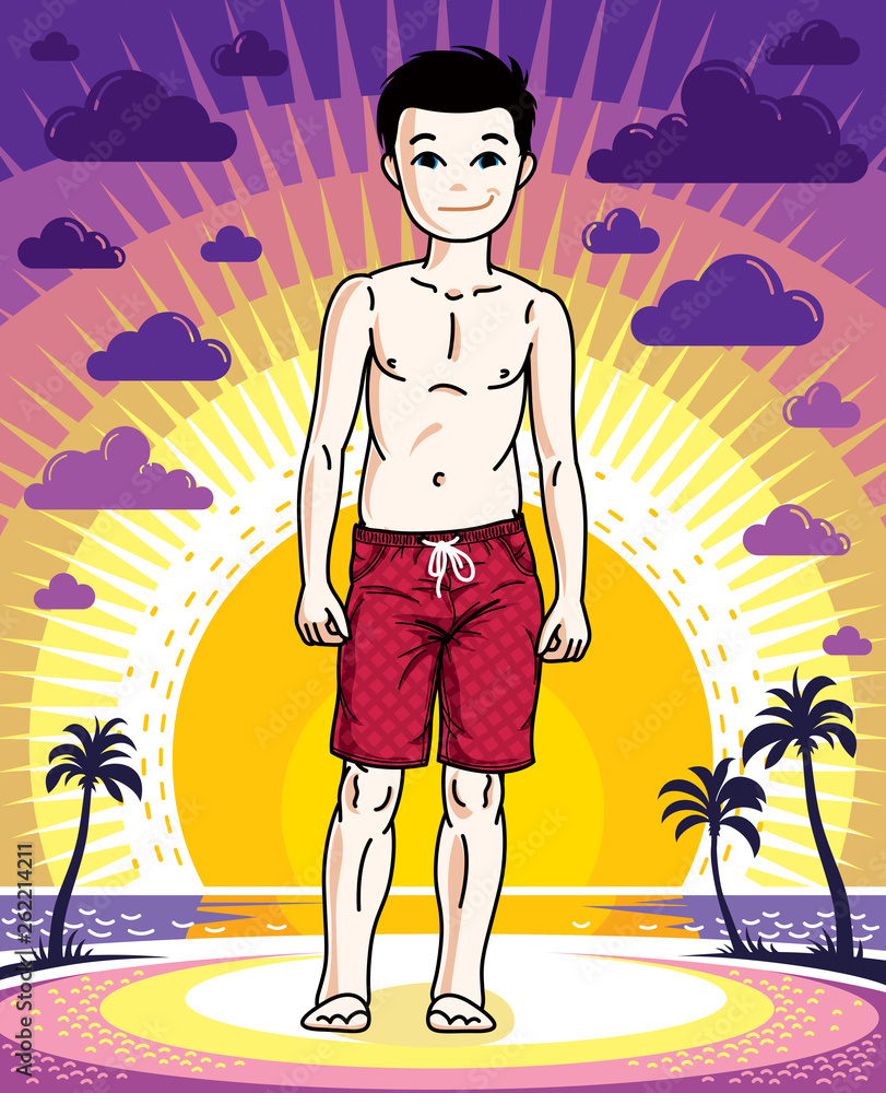 Cute happy young teen boy posing wearing fashionable beach shorts. Vector kid illustration. Fashion and lifestyle theme cartoon. Cute happy young teen boy posing wearing fashionable beach shorts. Vector kid illustration. Fashion and lifestyle theme cartoon.