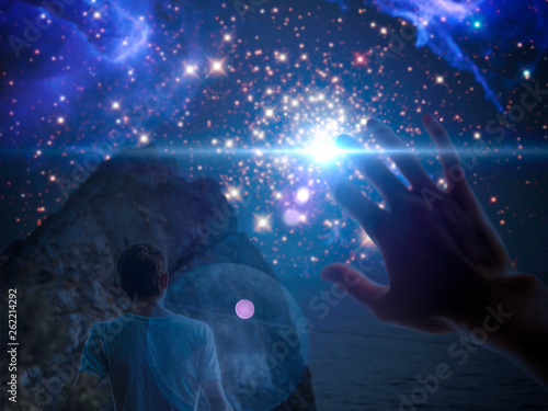 Fototapeta Naklejka Na Ścianę i Meble -  first person view of man cover star shine at night, elements of this image furnished by nasa b