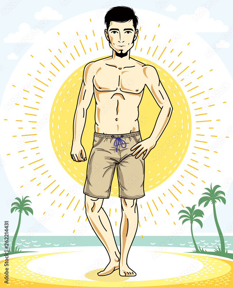 Handsome brunet young man with beard is standing on tropical beach in shorts. Vector illustration of athletic male. Summer vacation lifestyle theme cartoon.