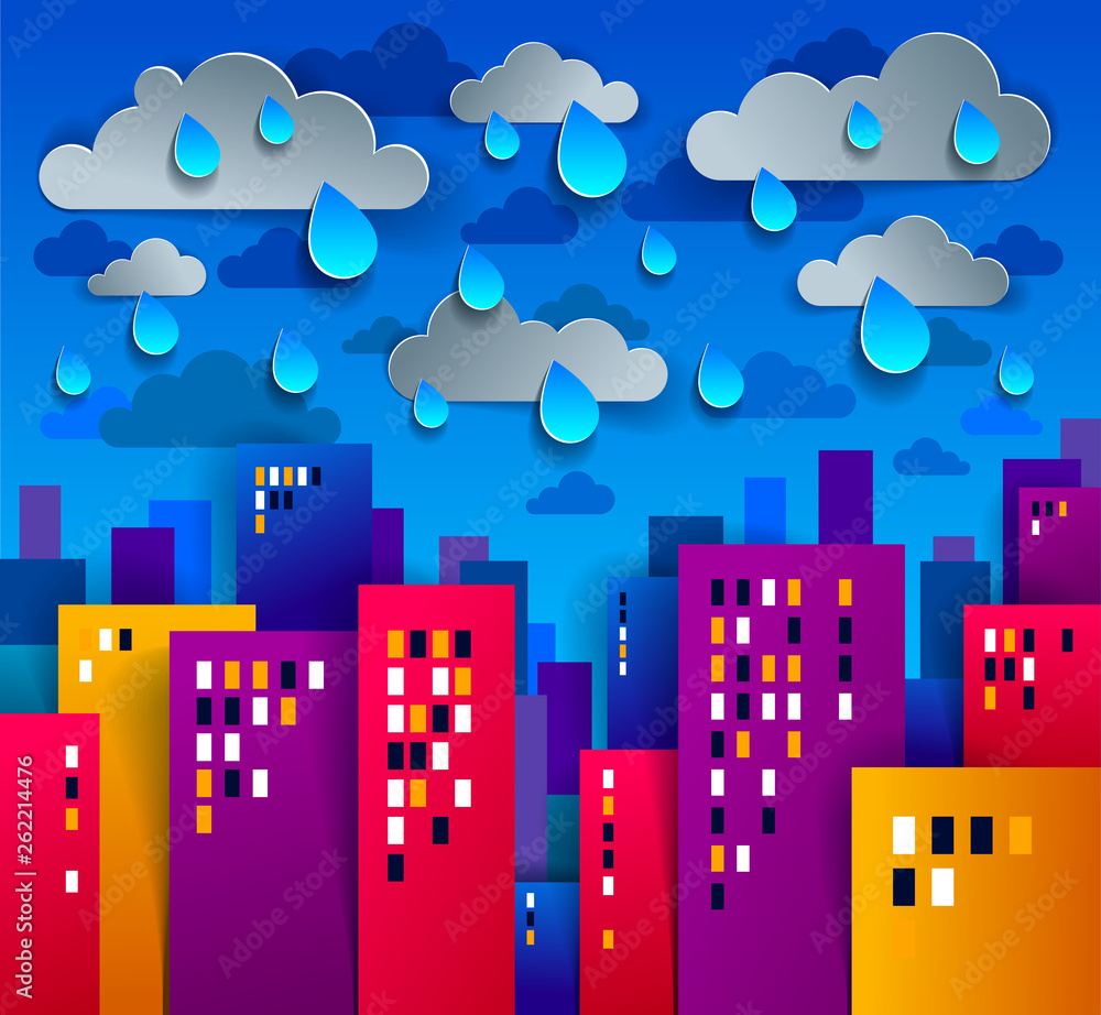 Cityscape under rain cartoon vector illustration in paper cut kids application style, high city buildings real property houses and cloudy rainy sky.
