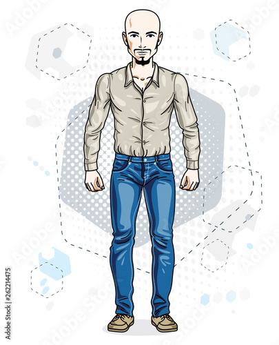 Confident handsome hairless young man standing. Vector illustration of male with beard and whiskers wearing casual clothes, jeans pants.