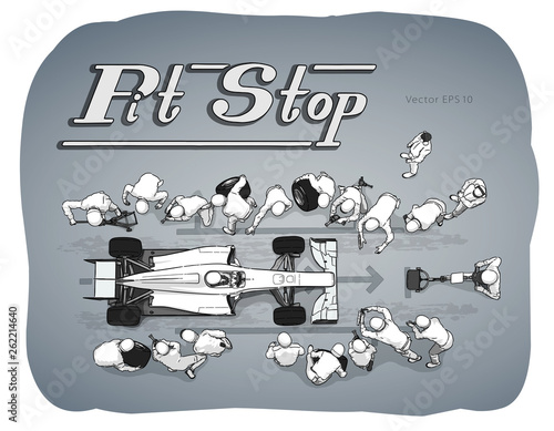 Formula race car in pit stop vector sketch