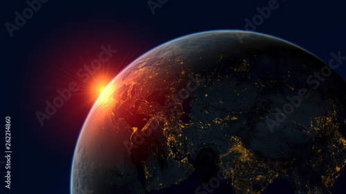 Fototapeta Naklejka Na Ścianę i Meble -  red sunrise over planet earth, realistic 3d illustration