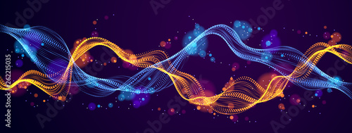 Flowing energy particles, mutual wave of blended dots over dark. Curved dotted 3d double lines vector illustration. 3d futuristic technology style with glowing shining effect.