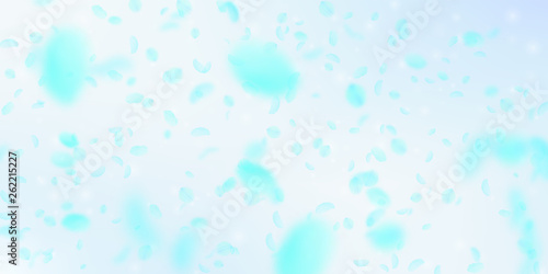 Turquoise flower petals falling down. Pleasant rom