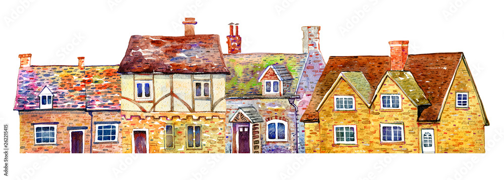 Different English village buildings in row. Watercolor old stone europe houses. Hand drawn illustration