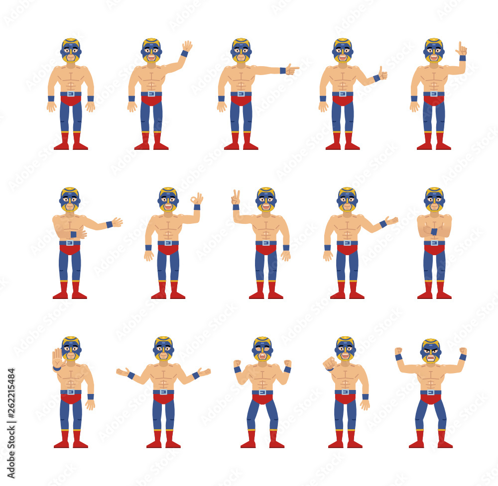Big set of luchador characters showing different hand gestures. Cheerful wrestler showing thumb up, pointing, greeting, stop, victory sign and other hand gestures. Simple vector illustration