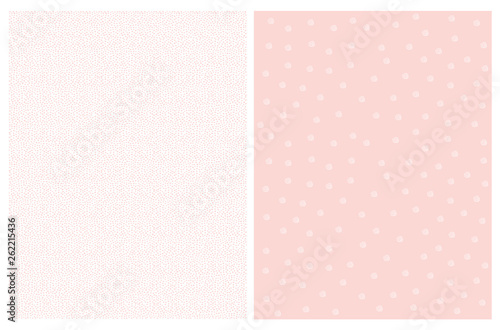Fototapeta Naklejka Na Ścianę i Meble -  Abstract Irregular Geometric Seamless Vector Pattern. Hand Drawn White Dots Isolated on a Light Pink Background. Pink Tiny Dots on a White. Cute Pastel Color Repeatable Design.