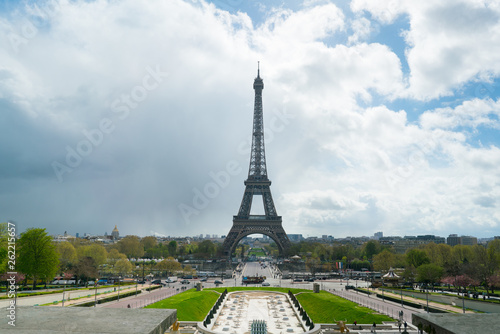 view of Eiffel Tower from Trocadero against a cloudy sky © bigguns