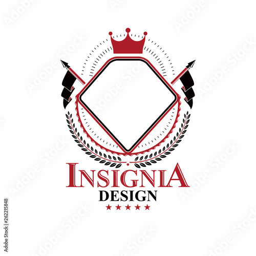 Graphic insignia made with imperial Crown and flags. Heraldic Coat of Arms, vintage vector logo.