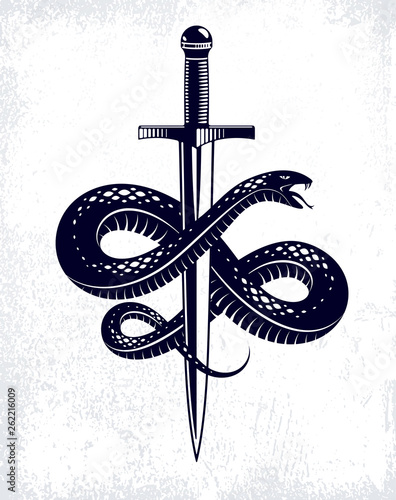 Snake and Dagger, Serpent wraps around a sword vector vintage tattoo, Roman god Mercury, luck and trickery, allegorical logo or emblem of ancient symbol.