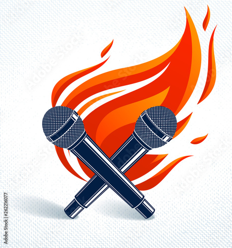 Two microphones crossed on fire, hot mic in flames, rap battle rhymes music, karaoke singing, vector logo or illustration, concert festival or night club label, t-shirt print.