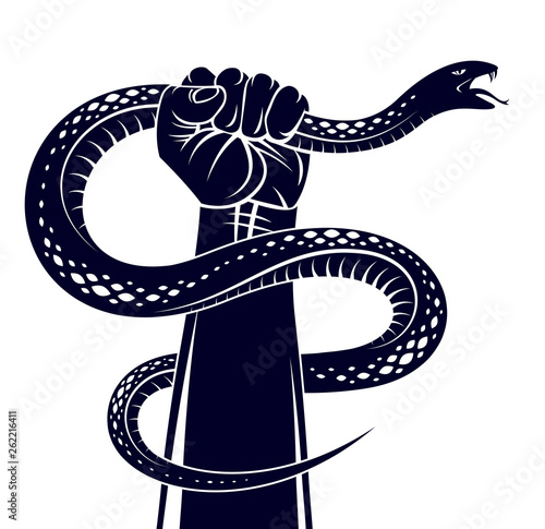 Hand squeezes a snake, fight against evil devil and Satan, control your inner beast animal, archetype shadow, life is a fight concept, vintage vector logo or tattoo.