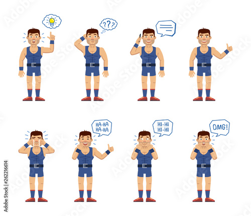 Set of strongman characters posing in different situations. Cheerful wrestler talking on phone, pointing up, thinking, crying, laughing, surprised. Flat style vector illustration