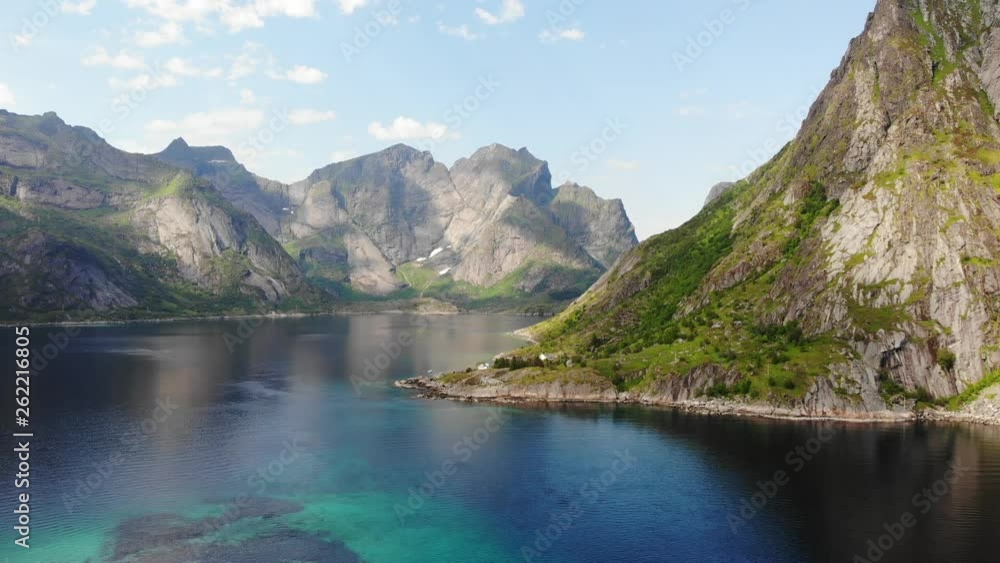 Scenic fjord landscape above the arctic circle, coast nature with sharp mountain peaks, Lofoten islands North Norway