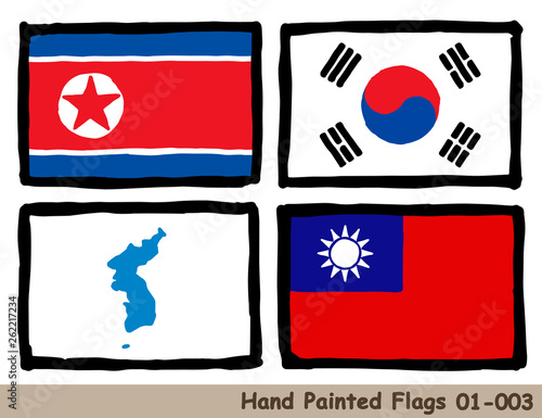 手描きの旗アイコン「北朝鮮の国旗」「韓国の国旗」「南北統一旗」「中華民国の国旗」Flag of the North Korea, Korea, Korean Unification, Republic of China, hand drawn isolated vector icon.