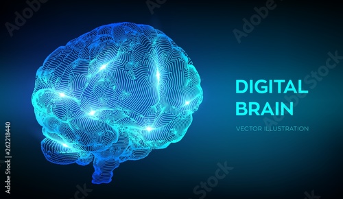 Brain. Digital brain. 3D Science and Technology concept. Neural network. IQ testing, artificial intelligence virtual emulation science technology. Brainstorm think idea. Vector illustration.