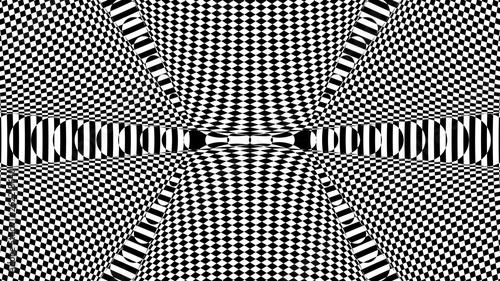 Black and white glitch background. Hypnotic trance texture. Op art monochrome kaleidoscope. Psychedelic illusive abstraction.