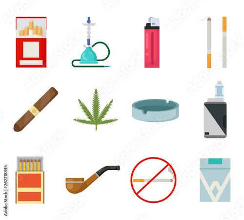 Smoking icons set cigarette pipe vape hookah matches ashtray isolated flat design vector illustration