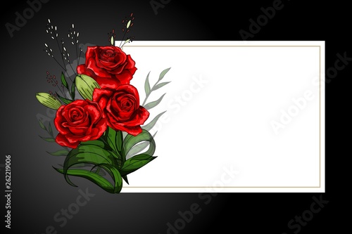 Rose flower bouquet on white frame with black border strict postcard template