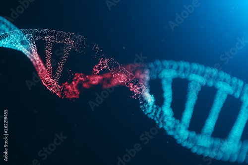 3D illustration Virus DNA molecule, structure. Concept destroyed code human genome. Damage DNA molecule. Helix consisting particle, dots. DNA destruction due to gene mutation or experiment. photo