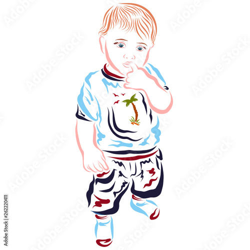 thoughtful little child in summer clothes holding a finger in his mouth photo