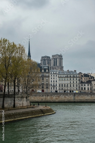 Notre-Dame Cathedral, houses in Paris and river Seine two days before the fire
