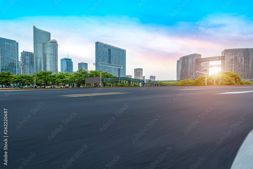 Road and skyline of urban architecture