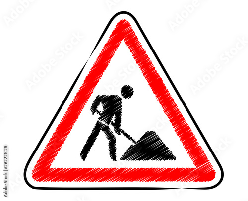 Dreieckiges Schild: Achtung Baustelle / rot-schwarz, Zeichnung, Vektor, freigestellt