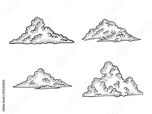 Clouds sketch engraving vector illustration. Scratch board style imitation. Black and white hand drawn image.