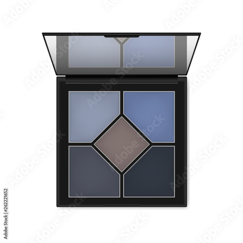 Make-up eyeshadow blue toned palette. Dramatic cobalt shade color eye shadow kit. Open black makeup container with mirror - top view, vector template