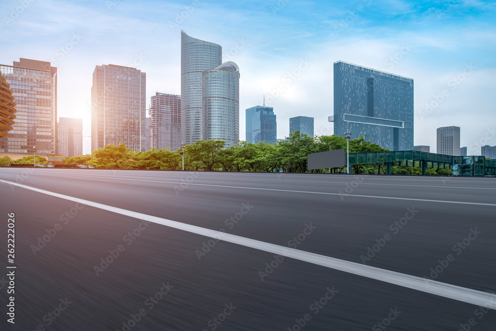 Road and skyline of urban architecture