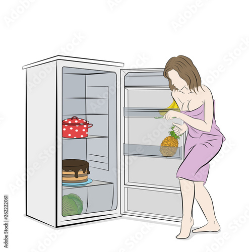 woman sneaks to the fridge. food for the night. vector illustration.