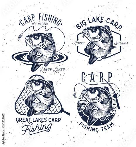 Vintage Carp Fishing Emblems and Labels. . Vector illustration.