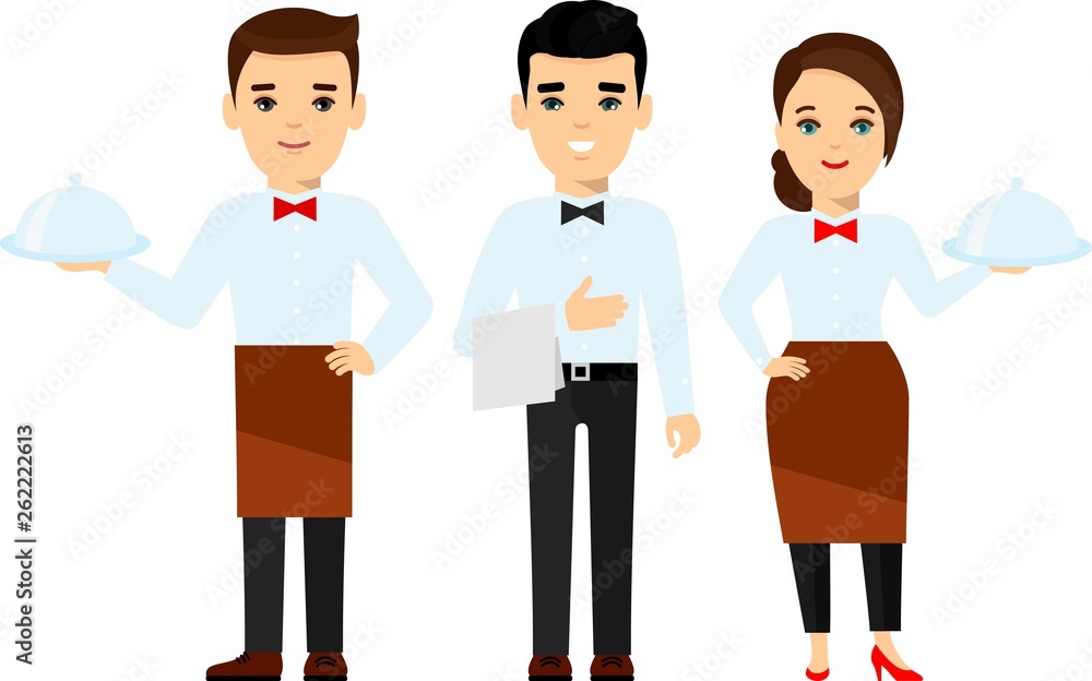 Collection of restaurant team in different poses. Set of smiling restaurant workers - restaurant or hotel administration, waiter, chef.