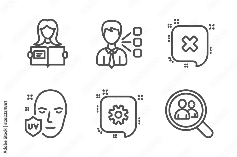 Third party, Cogwheel and Woman read icons simple set. Uv protection, Reject and Search employees signs. Team leader, Engineering. Business set. Line third party icon. Editable stroke. Vector Third party, Cogwheel and Woman read icons simple set. Uv protection, Reject and Search employees signs. Team leader, Engineering. Business set. Line third party icon. Editable stroke. Vector