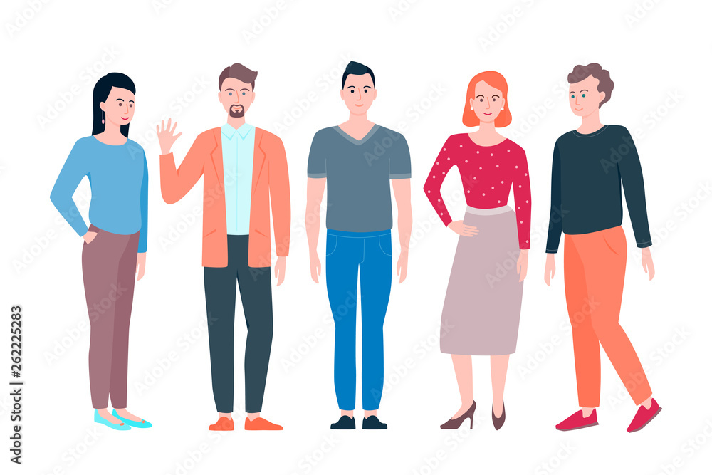 Young men and women in flat design people characters