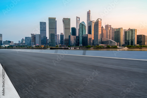 Photography Empty Asphalt Road Through Modern City of Shanghai, China..