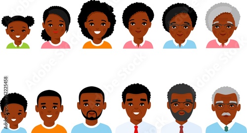 Stages of development people - infancy, childhood, youth, maturity, old age. Set of african american age group avatars male female in colorful style. 