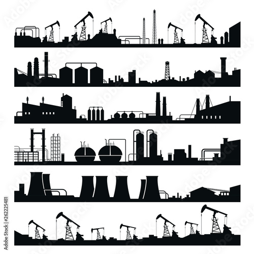 Industrial factories panorama set, black building silhouette