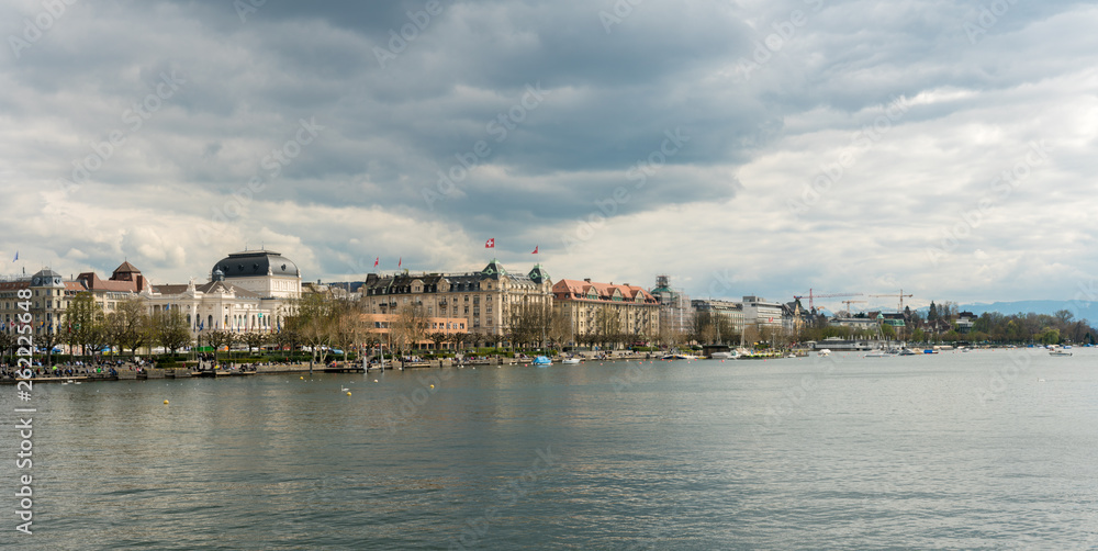 view of Lake Zurich and downtown  Zurich with the opera house