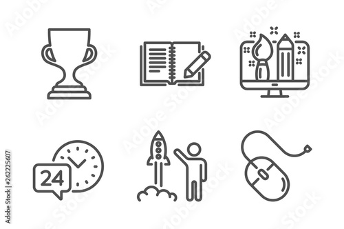 Creative design, Launch project and 24h service icons simple set. Award cup, Feedback and Computer mouse signs. Designer, Business innovation. Business set. Line creative design icon. Editable stroke