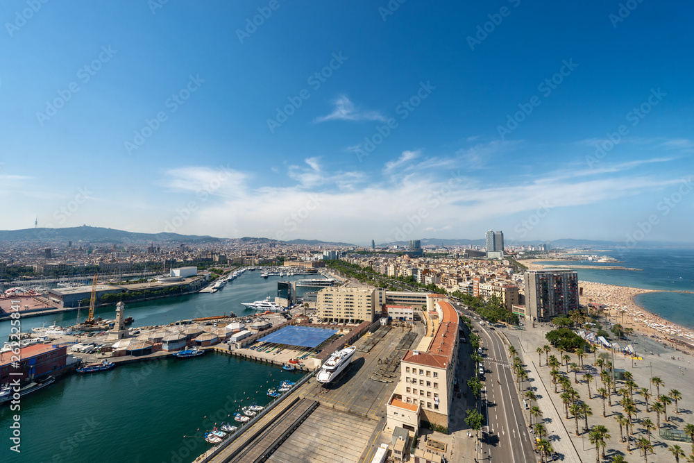 Aerial view of Barcelona Spain - Barceloneta beach and Port Vell