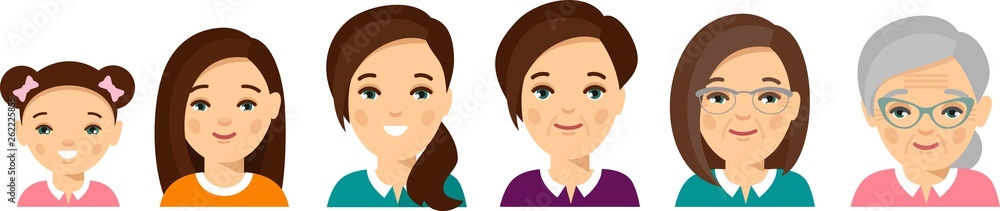 Set of european age group avatars woman in colorful style All age group of european woman. Generations man and woman. Stages of development people - infancy, childhood, youth, maturity, old age. Set of european age group avatars woman in colorful style All age group of european woman. Generations man and woman. Stages of development people - infancy, childhood, youth, maturity, old age.