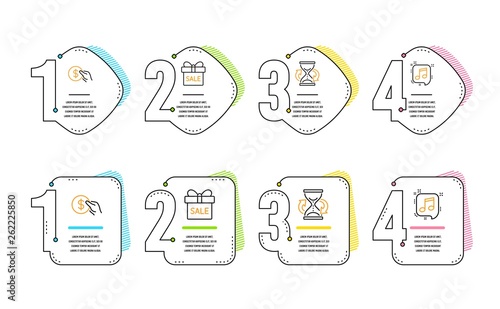 Payment, Hourglass and Sale offer icons simple set. Musical note sign. Usd coin, Sand watch, Gift box. Speech bubble. Business set. Infographic timeline. Line payment icon. 4 options or steps. Vector