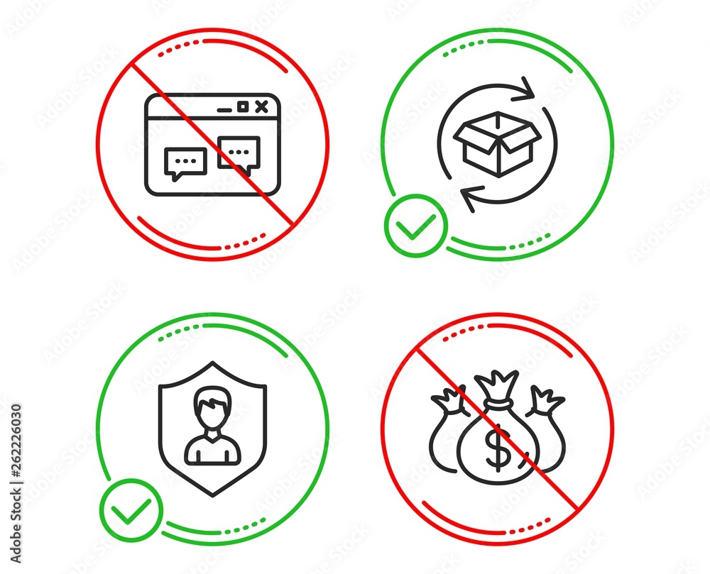 Do or Stop. Security agency, Return parcel and Browser window icons simple set. Check investment sign. People protection, Exchange of goods, Website chat. Business report. Business set. Vector