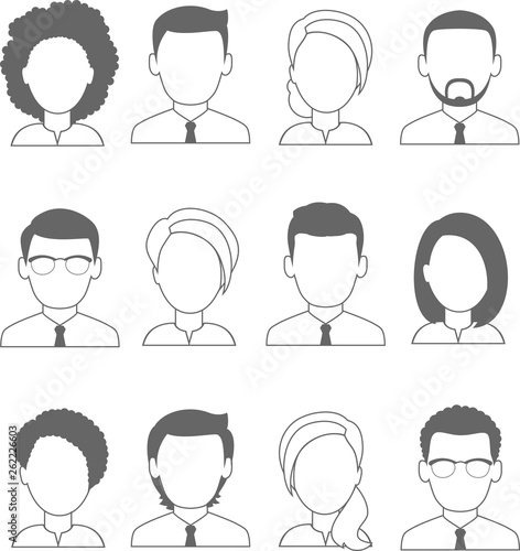 Occupation avatars of different manager. Collection of various avatars of female male. Set of different business avatar woman man in black and white color palette.