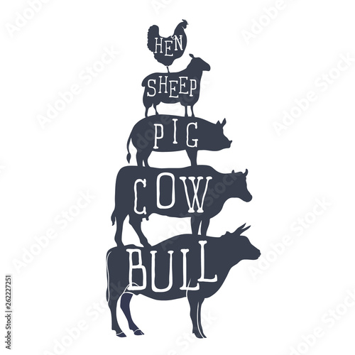 Farm animals, vector icons. silhouette of chicken, sheep, cow and bull. Vector