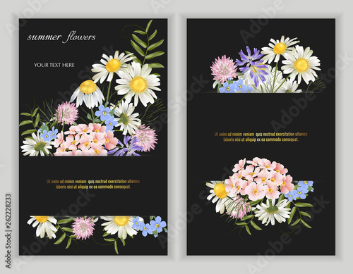 Set of Vector banners with wildflower flowers on black.