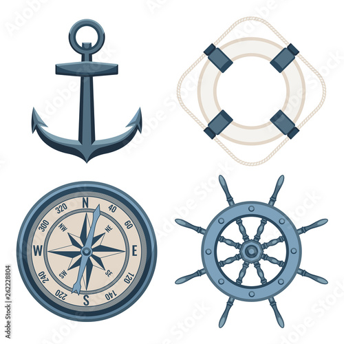Set of marine, maritime or nautical icons with an anchor, lifebuoy, compass, compass rose and ships steering wheel isolated on white background. Vector